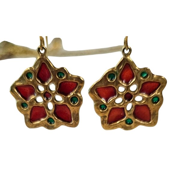 MMA Plique-A-Jour Style French Hook Poinsettia Earrings, Signed L514 - Picture 4 of 11